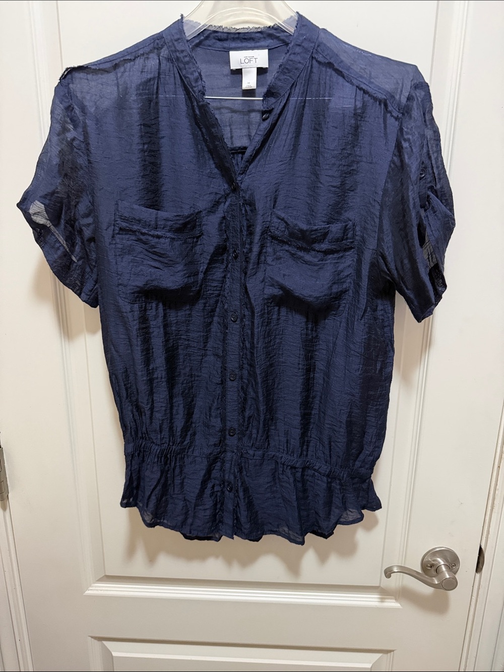 LOFT Navy Short-Sleeve Button Front Peplum Blouse with Pockets